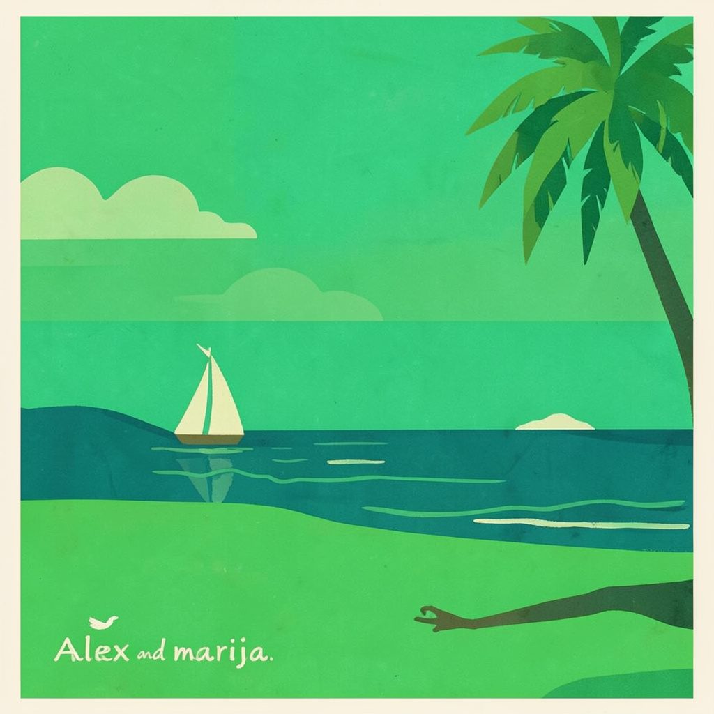 Matte gouache poster painting of a sun-warmed beach in soft teal and ivory tones, with loose brushwork suggesting ocean waves and warm sand, calm and romantic mood