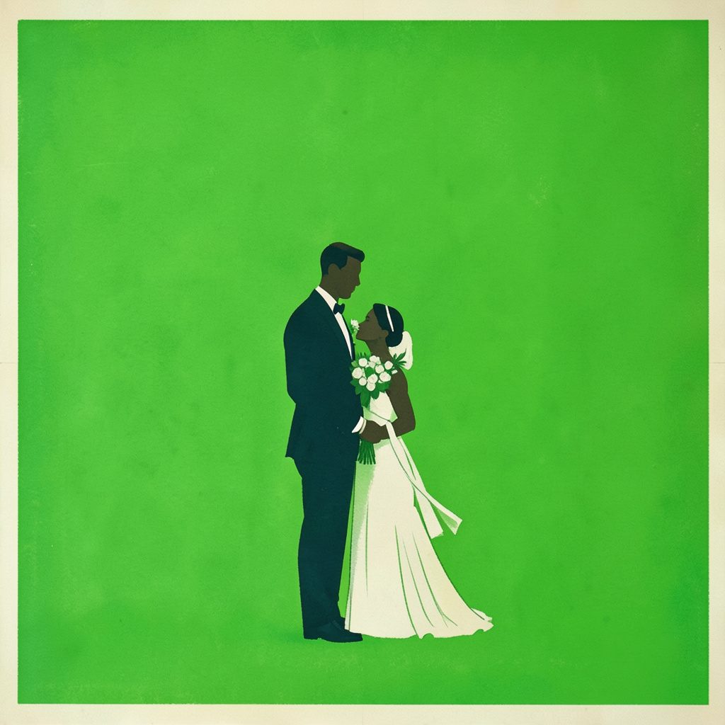 Matte gouache landscape in muted olive, blush, and cream with soft brushy shapes suggesting a wedding scene